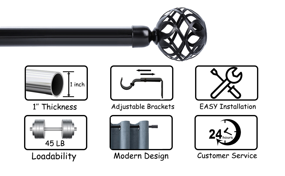 Extra Long Black Curtain Rods For Windows 66 To 140 Inch, 1'' Diameter Heavy Duty