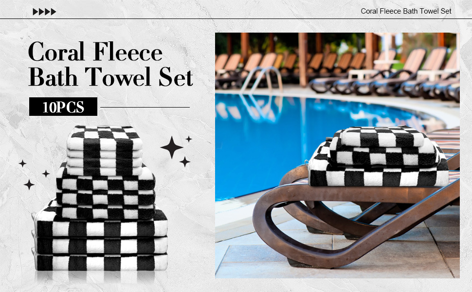 towels set black white checkered hand washcloth bulk soft quick dry gym beach spa 
