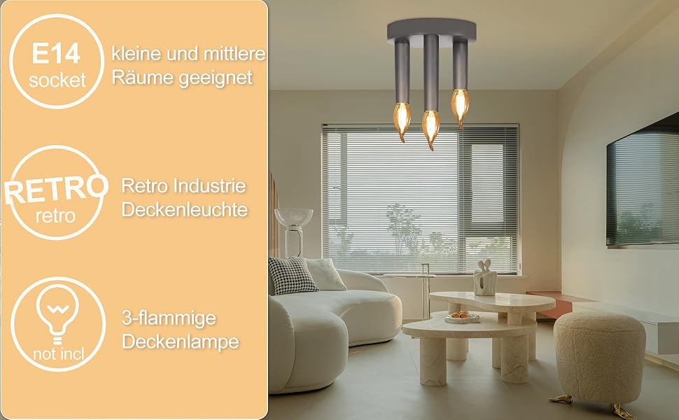 Retro Industrie Deckenleuchte 3-flammige Deckenlampe kleine und mittlere R?ume geeignet