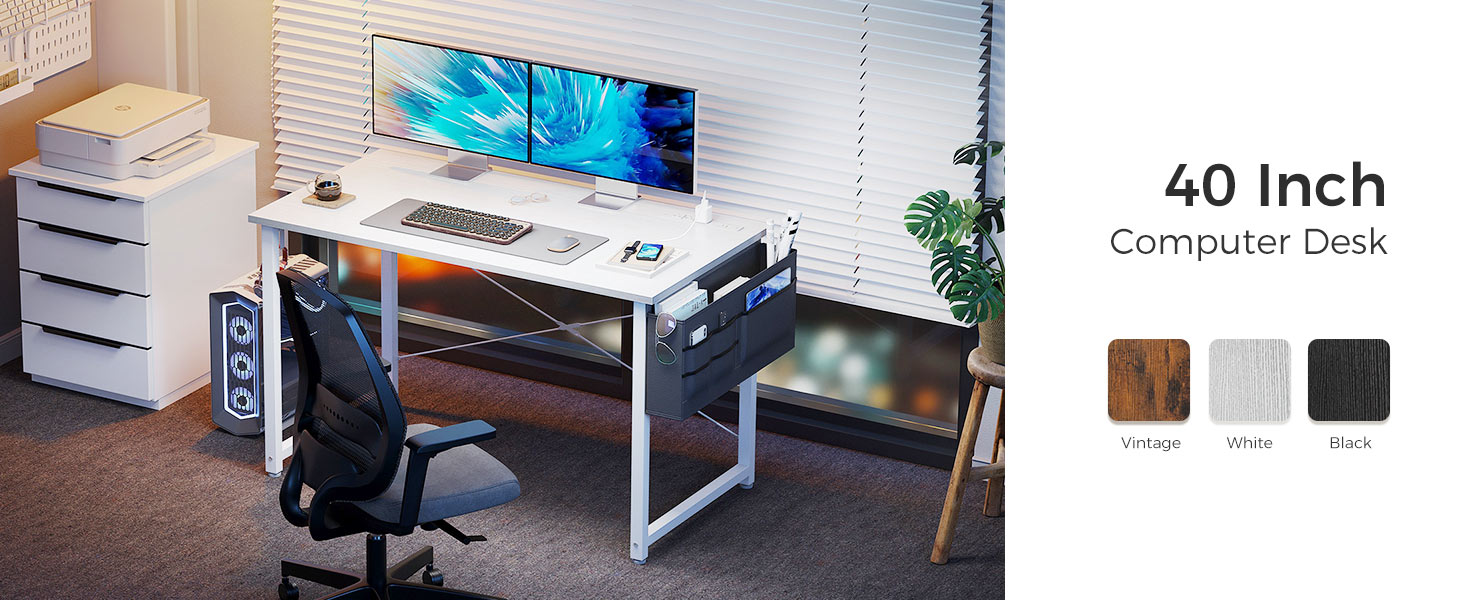40 inch small computer desk in Vintage, white and black, fit for living room