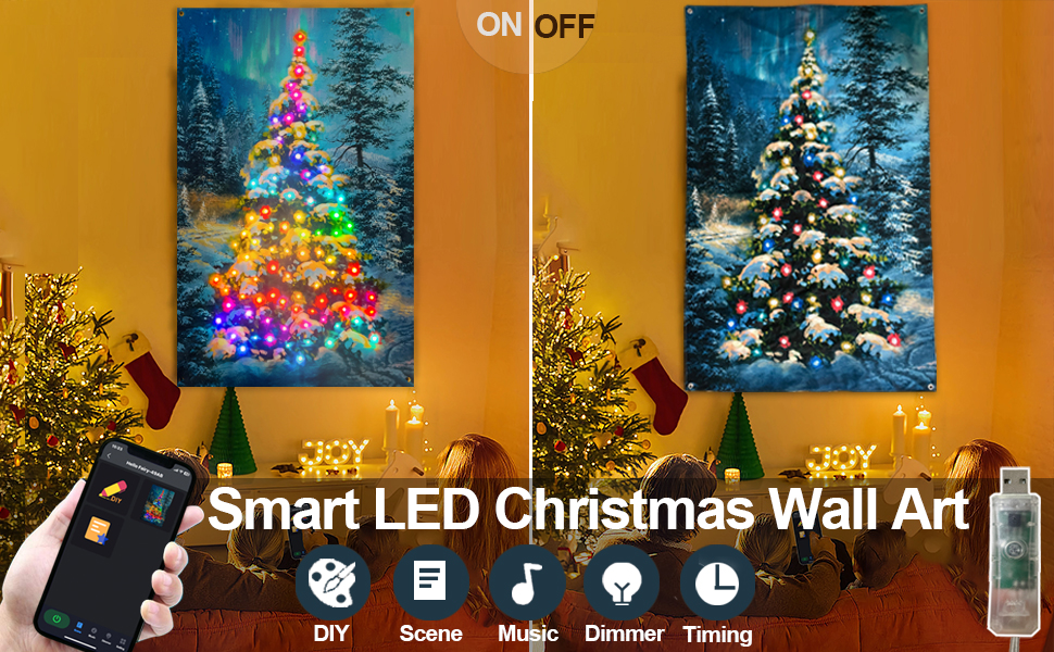 80 LED Smart Christmas Canvas Wall Art, Light Up Christmas Tree Snowy