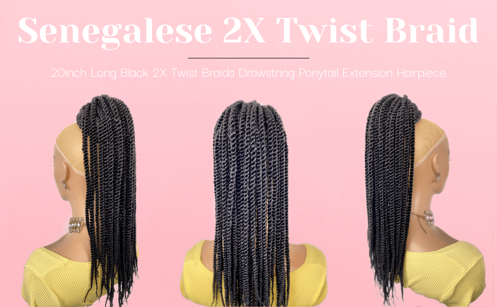 VAVANGA Senegalese Twist Braid Ponytail 20inch, Long Black 2X Twist Braids Drawstring Ponytail