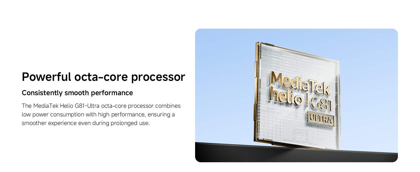 Text reads 'Powerful octa-core processor' and 'MediaTek Platform'. Marketing image showing text and a metallic platform sign against a light background.