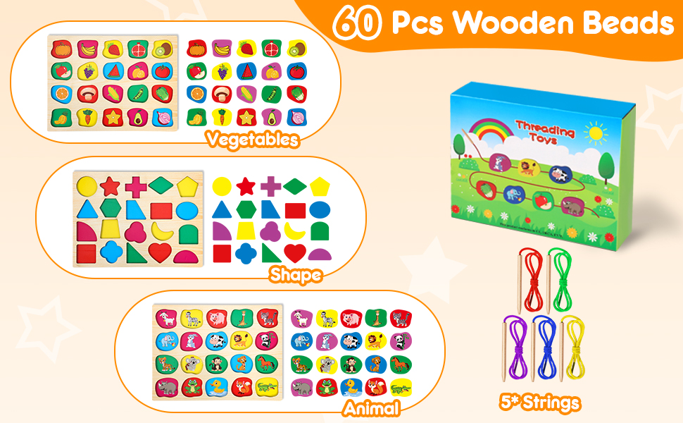 Gontence 60 Pcs Threading Toys Wooden Puzzle Toys for 2 3 Year Old
