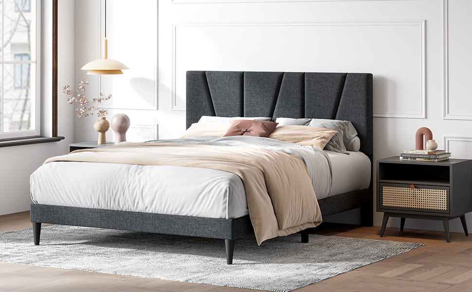 KZOBYD Bed Frame with Headboard, Upholstered Platform Bed Base, Strong