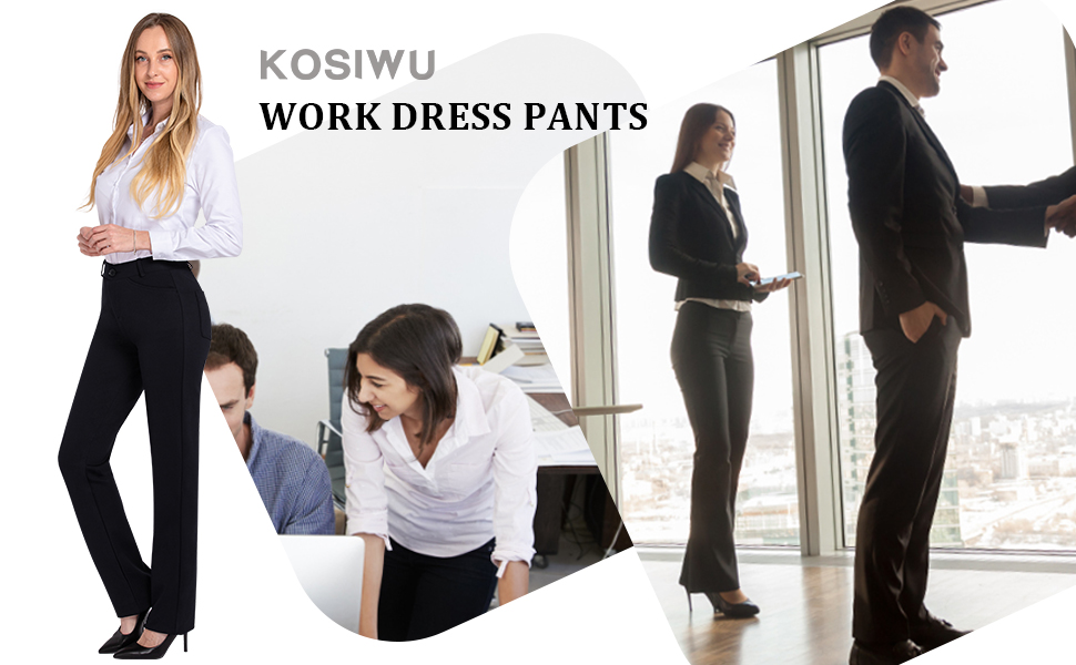 KOSIWU Womens Black Dress Pants Relaxed Fit Straight Leg Stretchy Work