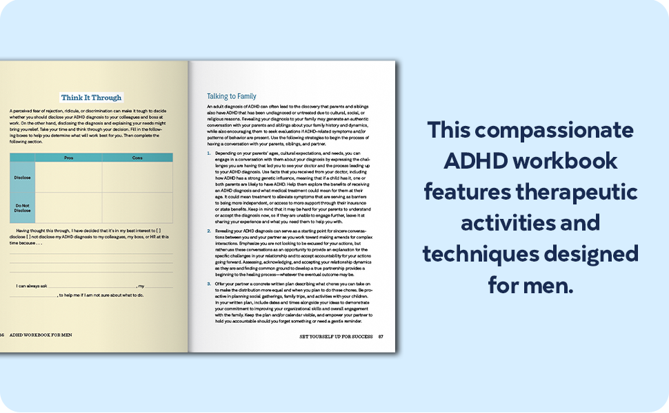 This compassionate ADHD workbook features therapeutic activities and techniques designed for men.