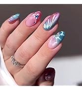 Almond Press on Nails Medium Fake Nails with Designs Pink Blue Gradient Glue on Nails Flower Acry...