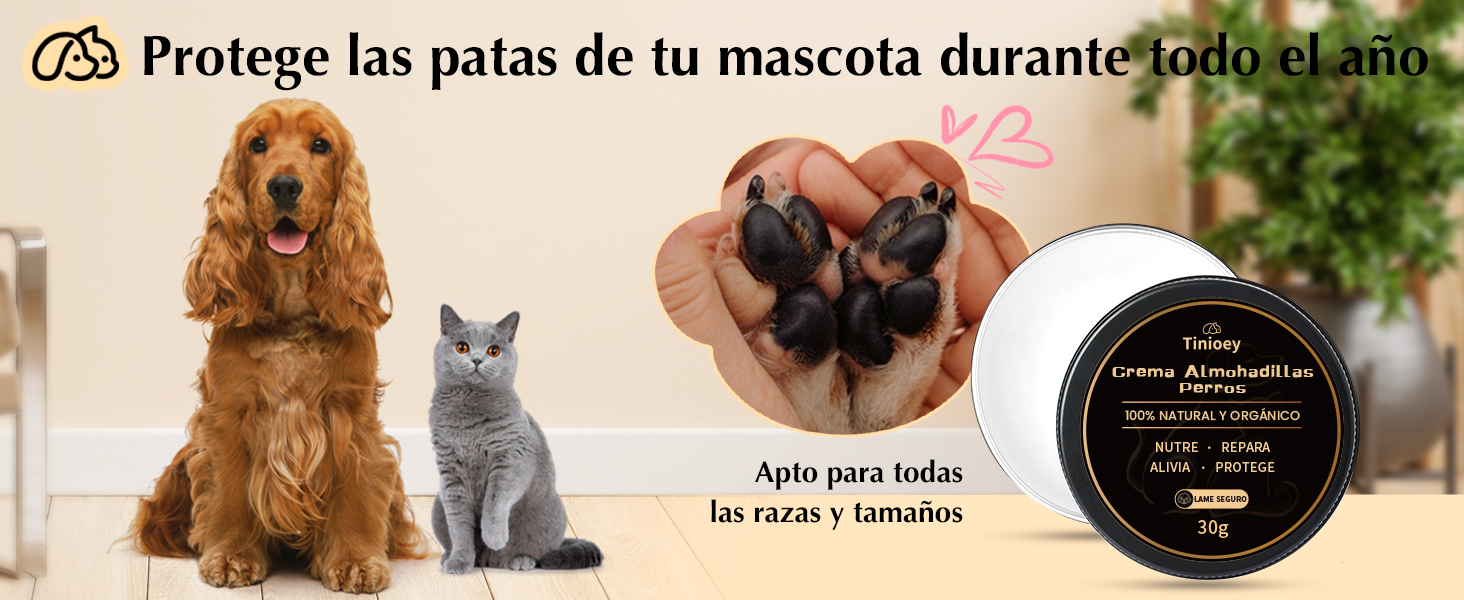 El texto dice «Protege las patas de tu mascota durante todo el año». Anuncio tipo pancarta en el que aparecen varias mascotas, centrado en la comercialización de productos para la protección de las patas.