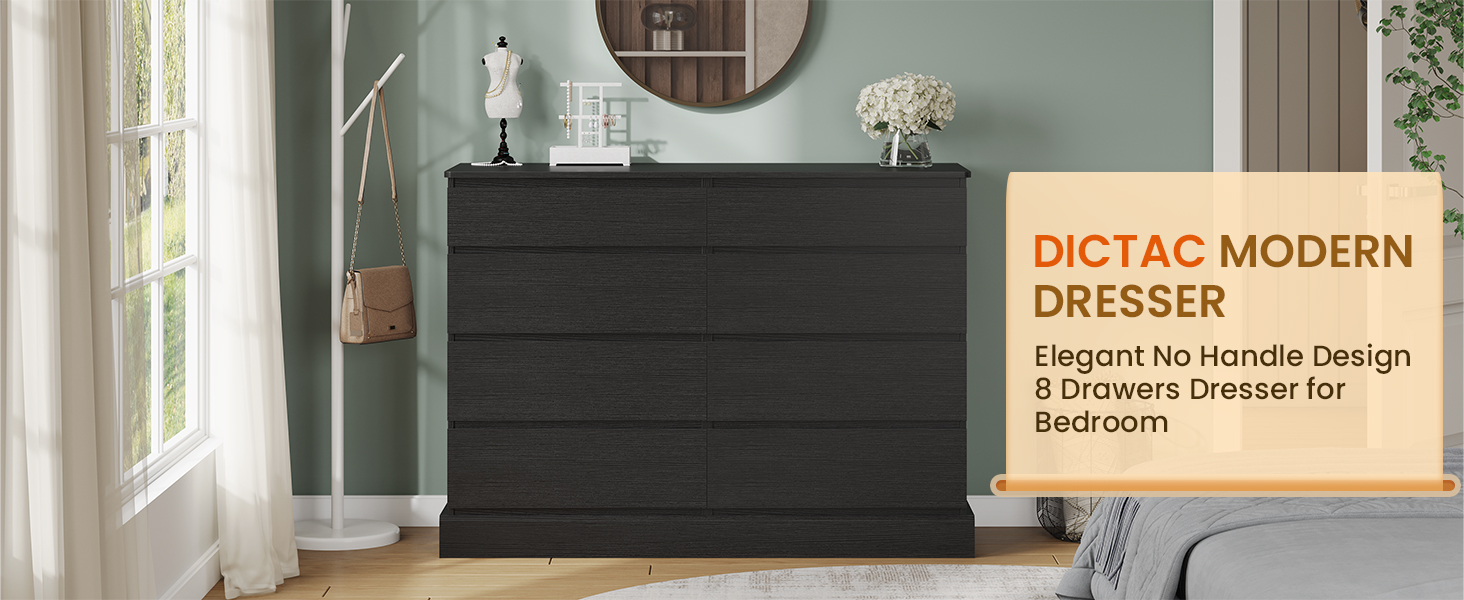 DICTAC Bedroom Dresser with 8 Drawers, Black Large Chest of