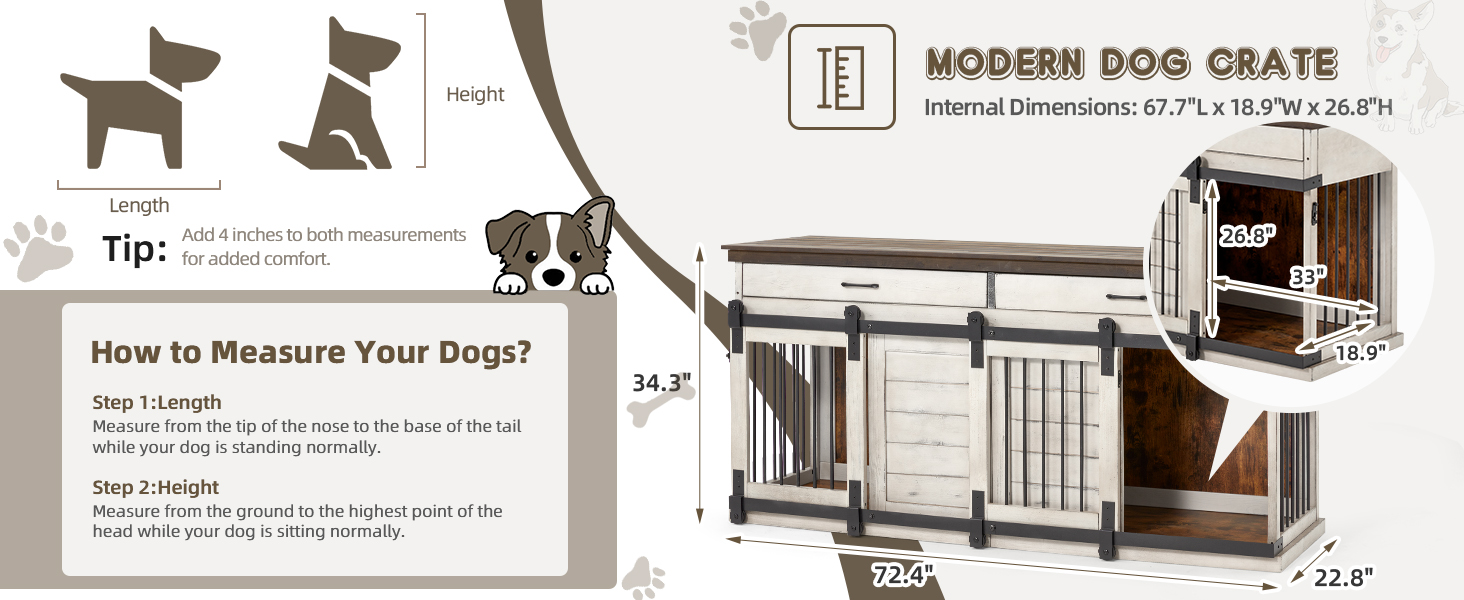 Solid Wood Dog Crate Furniture, 72.4" Heavy Duty Dog