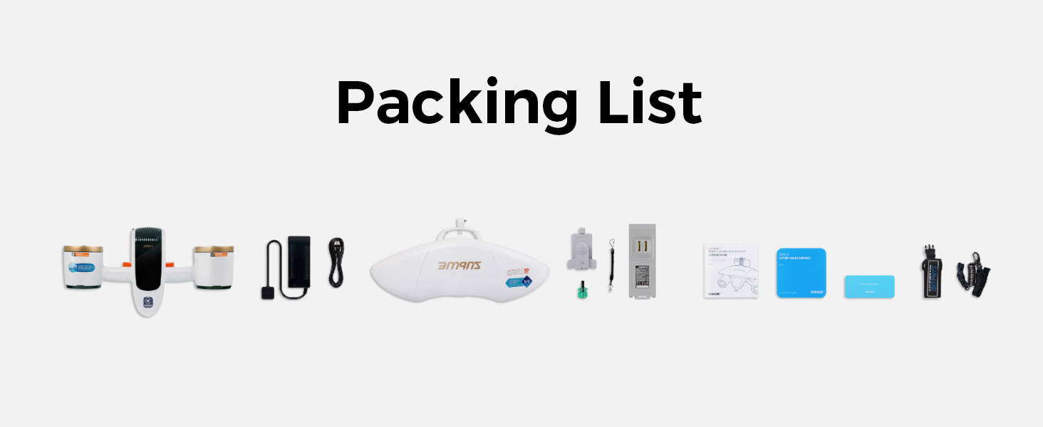 Mix the Double Motor Pro Underwater Scooter with waterproof bag - 2 speed mode 60 min depth 131FT with support for the camera and low battery alarm for snorkeling for pool diving - water scooter for adults and children 27 Packing list