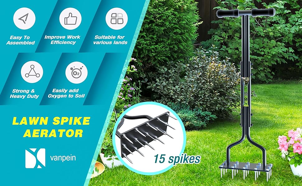 vanpein Lawn Aerator, Lawn Spike Aerator Manual Tool with 15 Iron