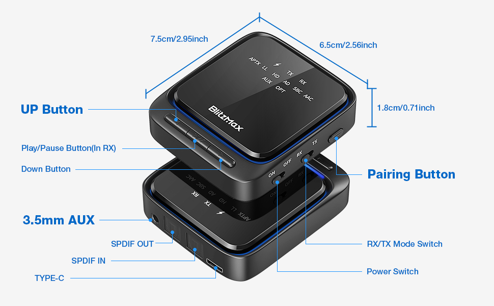 BlitzMax bluetooth 5.2 Transmitter Receiver, 2in1