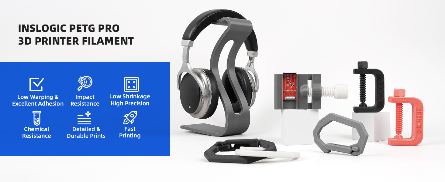 Product layout showing technical components and accessories, including what appears to be 3D printer filament and various hardware parts on a white background.