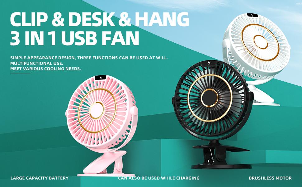 JUMGREEN 5 Speeds Clip on Fan Rechargeable Mini USB