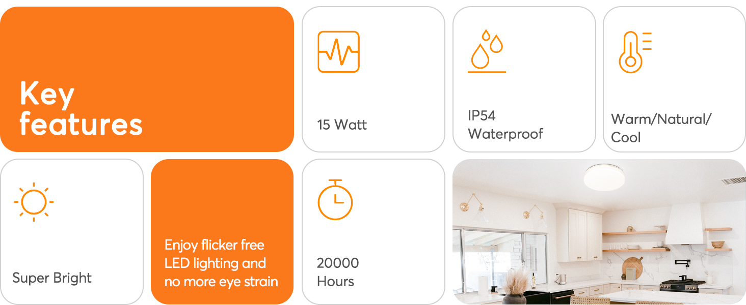 Ledivion LED Ceiling Light, 15W Bathroom Lights, IP54 Waterproof, 3