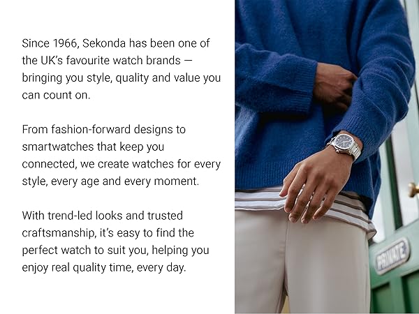 Text reads: 'Since 1956, Sekonda has been one of the UK's favorite watch brands - bringing you style, quality and value you can count on. With trend-led looks and trusted craftsmanship.'