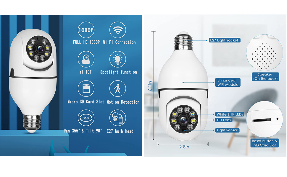 Esenlong Light Bulb Camera, 1080p Panoramic WiFi Home Security Camera