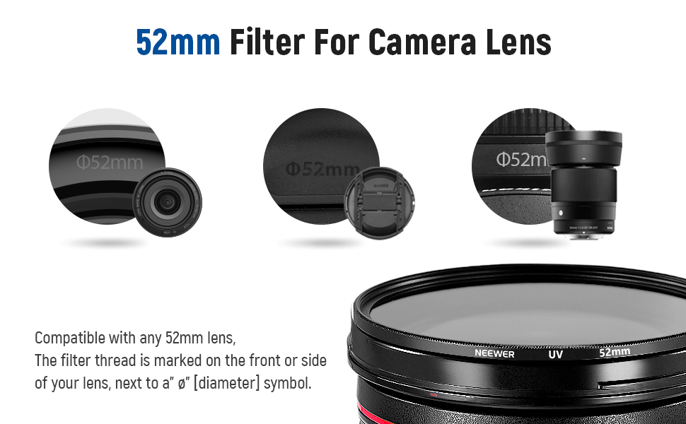 NEEWER 52mm Lens Filter Kit UV, CPL, FLD, ND2, ND4, ND8, Lens Hood and