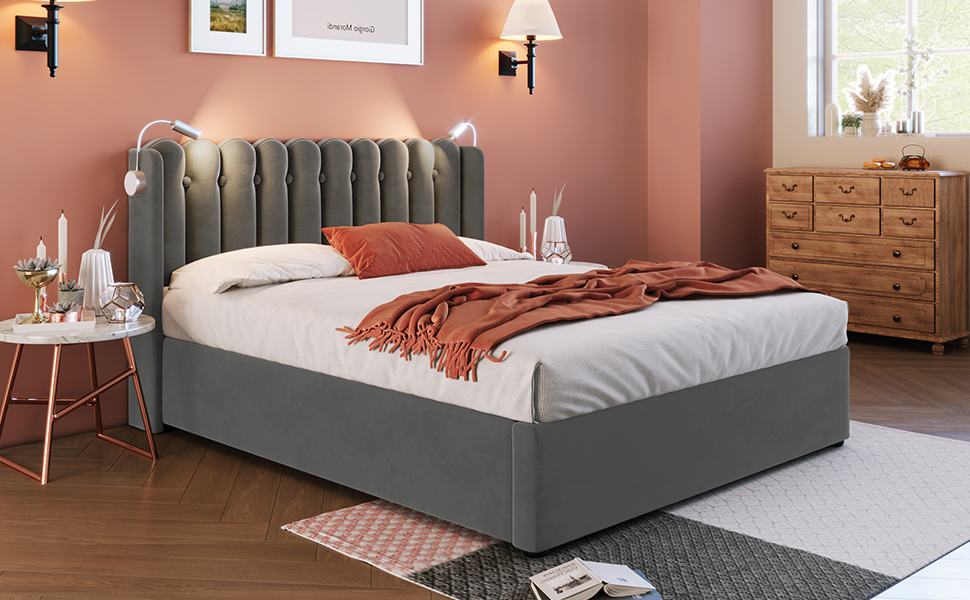 Letto Matrimoniale 160x200 Cm Con Cassetti E LED - Testiera Imbottita