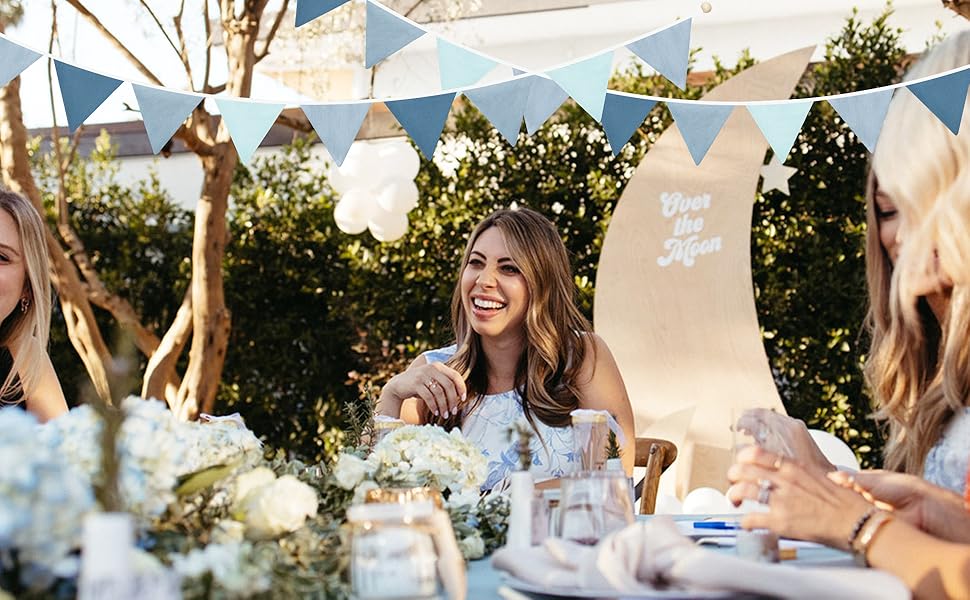 Blue Pennant Banner Flags Nursery Garland Royal Linen Fabric Triangle Streamers for Baby Room Decor