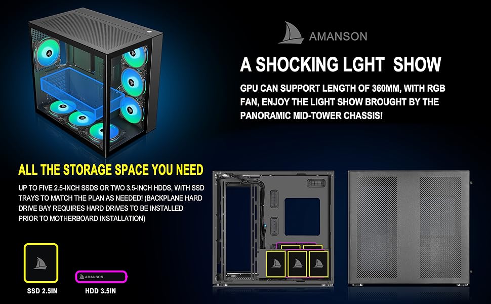 AMANSON PC CASE ATX Mid Tower Case Tempered Glass Gaming