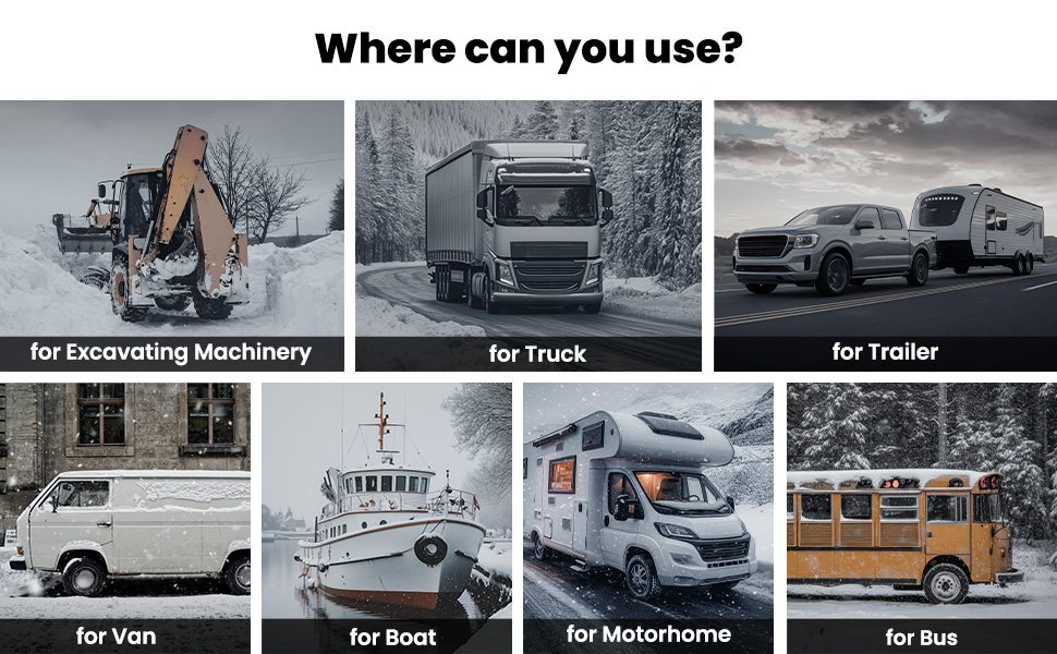 Text reads 'Where can you use?' followed by usage scenarios: 'for Excavating Machinery', 'for Truck', 'for Trailer', 'for Van', 'for Boat', 'for Motorhome', 'for Bus'. Grid of vehicle application photos.