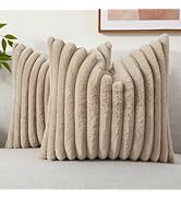 decorUhome Faux Fur Throw Pillow Covers 18x18 Set of 2, Decorative Soft Plush Striped Couch Pillo...