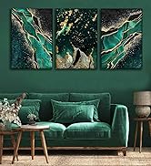 WSTUKVV 3Pcs Green and Gold Wall Art Abstrct Gold Foil Lines Posters Pictures Marble Texture Canv...