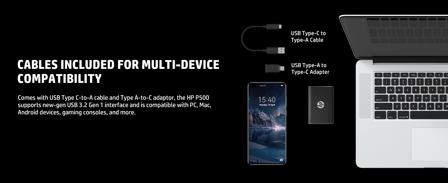 cables included for multi-device compatibility usb type c-to-a cable and adaptor hp p500 usb 3.2