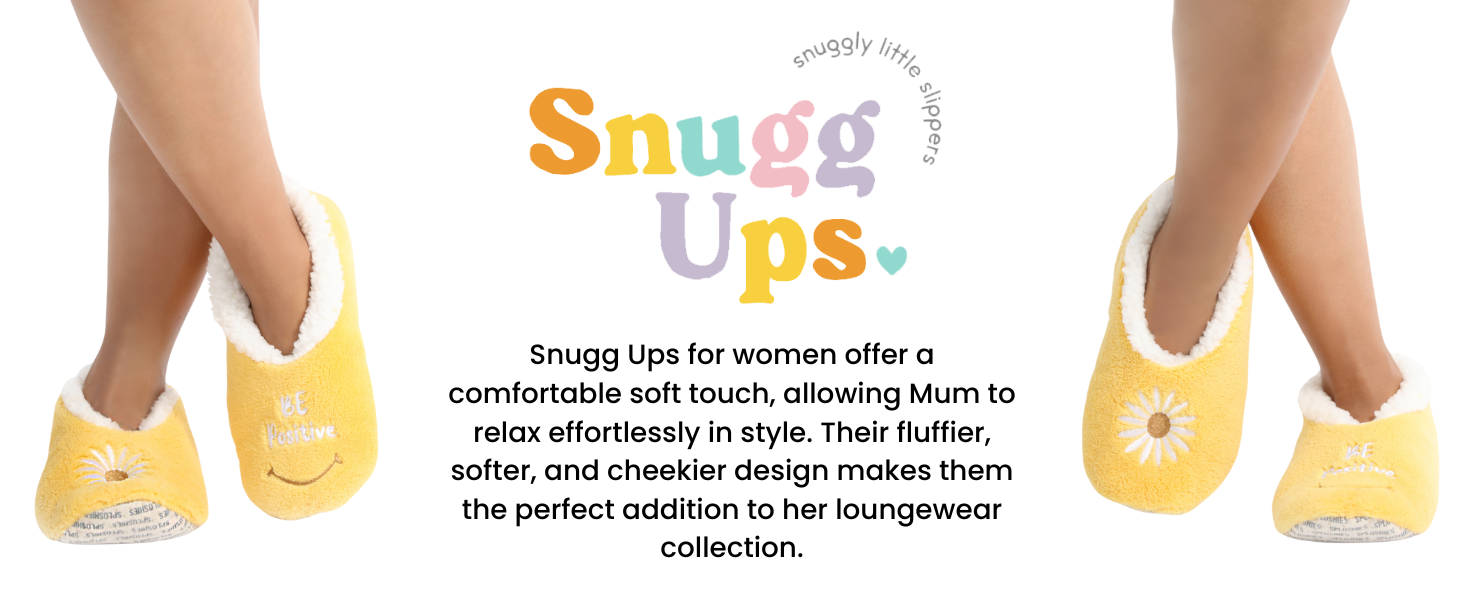 Yellow slip-on slippers with white fluffy trim and decorative elements, shown with product name Snugg Ups branding.