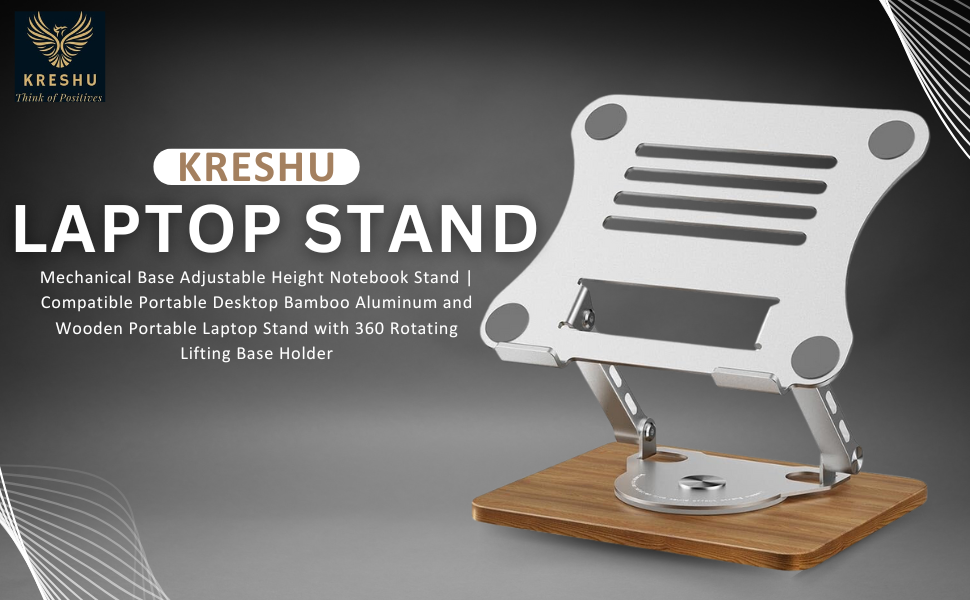 Laptop Stand | Mechanical Base Adjustable Height Notebook Stand | Compatible Portable Desktop Bamboo Aluminum and Wooden Portable Laptop Stand with 360 Rotating Lifting Base Holder (1-Pcs) 4 SPN -E2FA