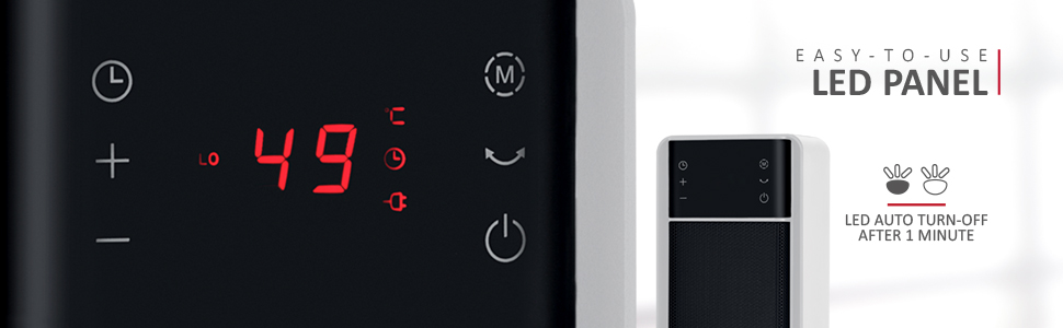 Text reads 'LED PANEL'. Digital display showing '49' in red numerals with touch-sensitive control panel featuring plus, minus and mode icons.