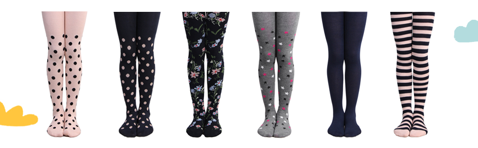 Girls' tights with polka dots flowers and stripes patterns