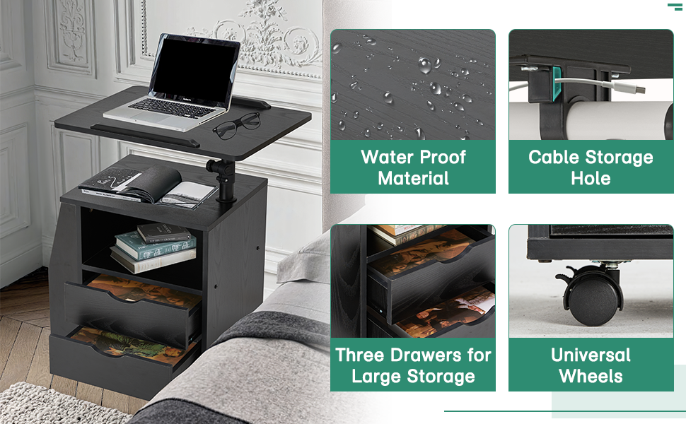 EROMMY Bedside Table Height Adjustable End Table Wooden Nightstand with