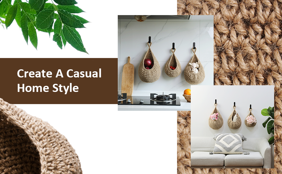 Hanging Fruit Basket Set of 3, Boho Wall Hanging Storage Jute Basket for Organizing & Decor, Handmade Teardrop Hammock Holder for Onion Fruit Vegetable in Home & Restaurant Kitchen with Hooks 20 1