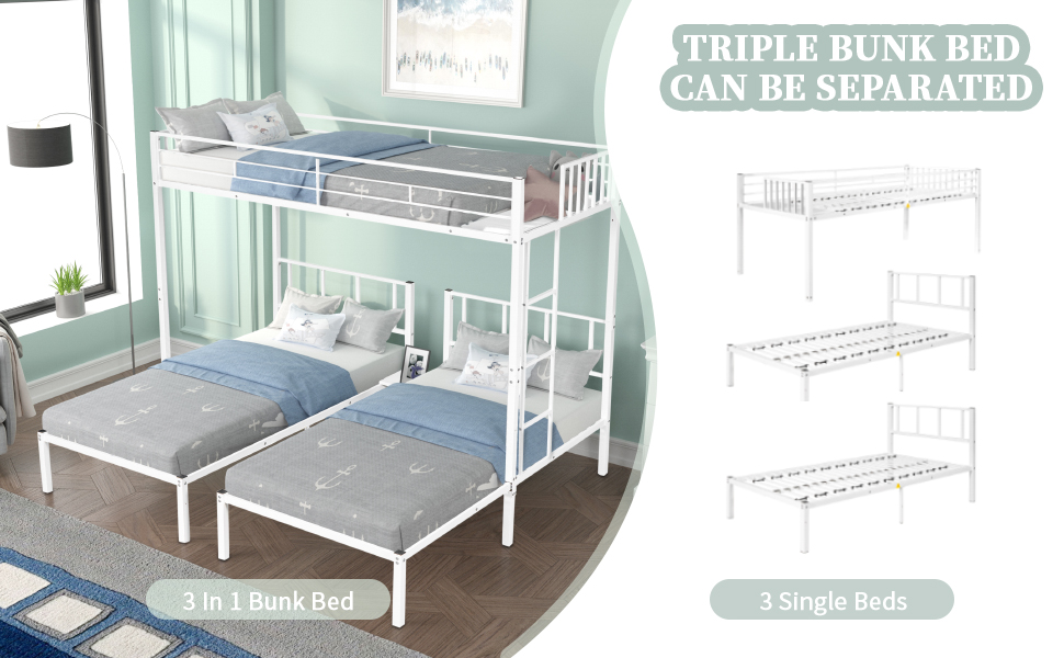 Morhome Triple Bunk Bed Twin Over Twin, Metal Triple Twin