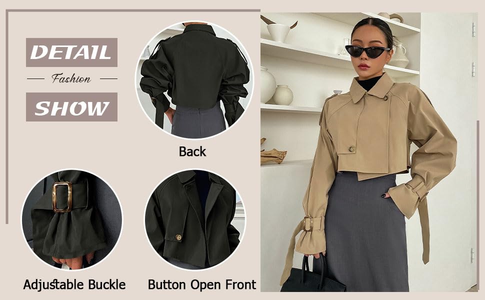 Verdusa Women's Button Front Buckle Raglan Sleeve Crop Jacket Trench Coat