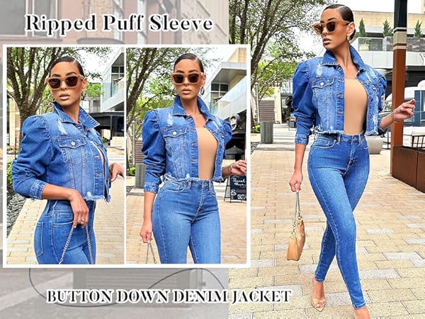 AMEBELLE Jean Jacket for Women Long Puff Sleeve Distressed