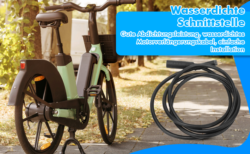 Geteiltes Bild, das ein geparktes Fahrrad und ein spiralförmiges schwarzes Kabel mit der Aufschrift „Wasserdichte Schnittstelle“ (wasserdichte Schnittstelle) vor blauem Hintergrund zeigt.