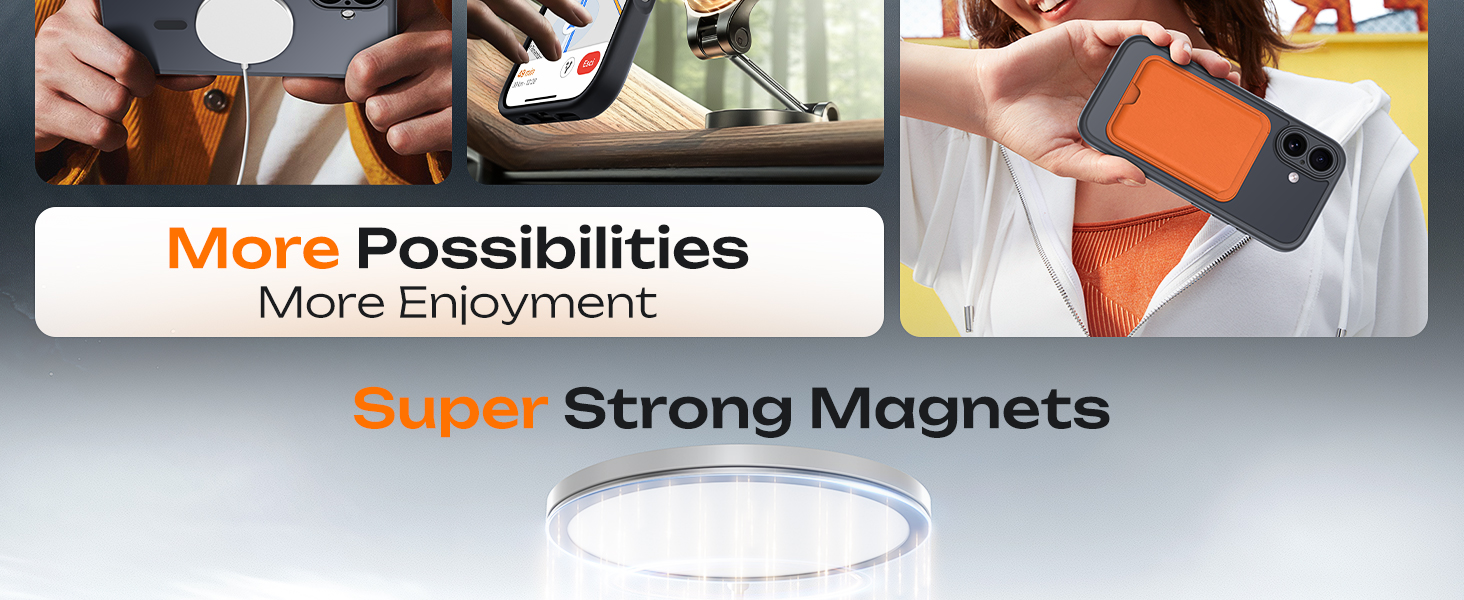 Text reads 'More Possibilities More Enjoyment' and 'Super Strong Magnets'. Split image showing hands holding or manipulating objects with magnetic properties.