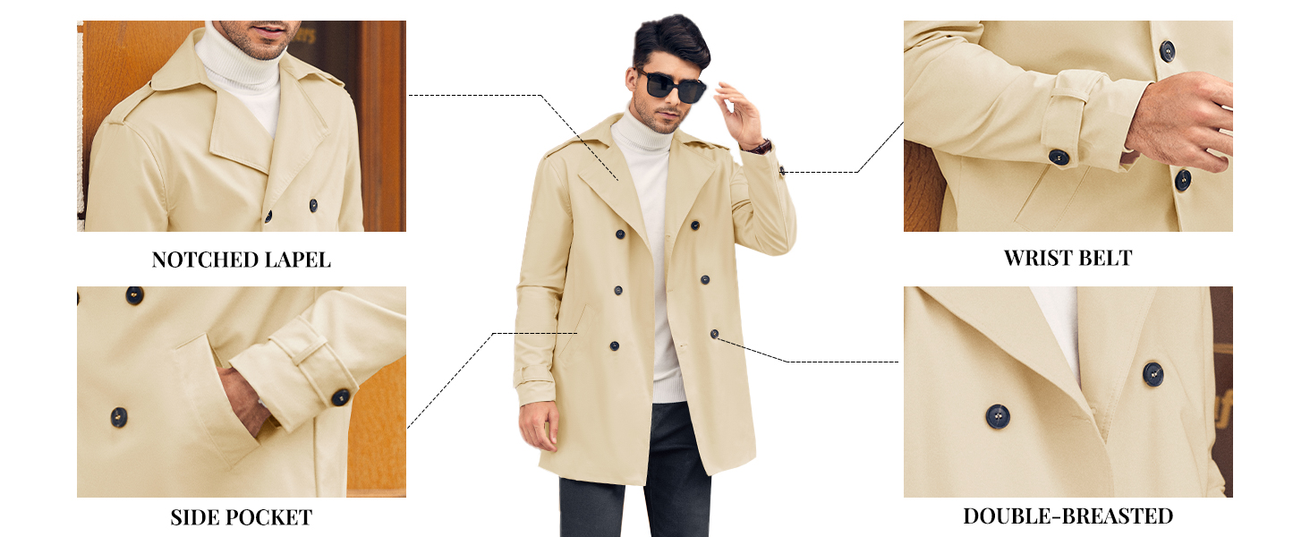 Mens Double Breasted Trench Coat Notched Lapel Casual Slim Fit Long Windbreaker Overcoat