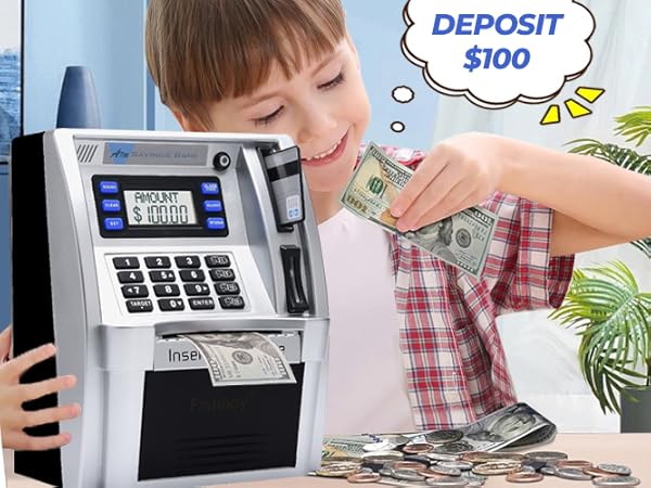 atm piggy bank for kids real money card digital safe coin box bills savings machine