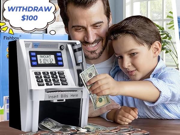 atm piggy bank for kids real money card digital safe coin box bills savings machine