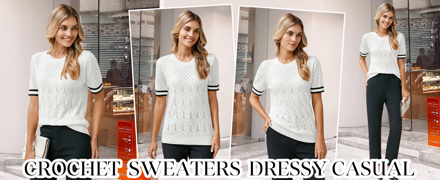 Arach&Cloz 2025 Womens Summer Short Sleeve Sweater Crochet Dressy Casual