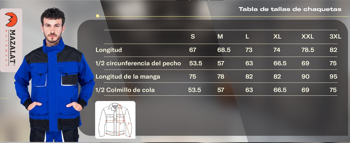 Tabla de tallas que muestra las medidas de tallas de prendas de la XS a la 3XL y muestra los valores de «Longueur» y «Contorno de cintura» en centímetros. Chaqueta de trabajo azul visible en la imagen de referencia.