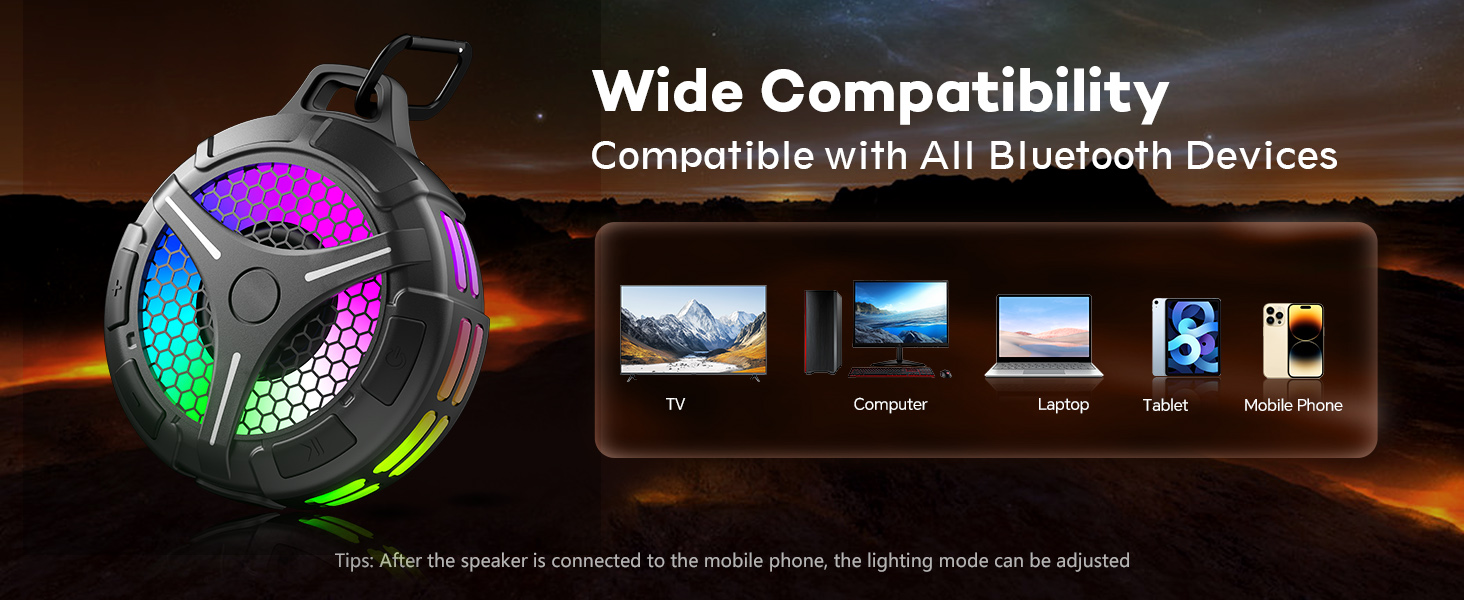 Text reads 'Wide Compatibility'. Multiple product views showing wireless earbuds with charging case, device compatibility icons, and LED lighting effects displayed against dark backgrounds.