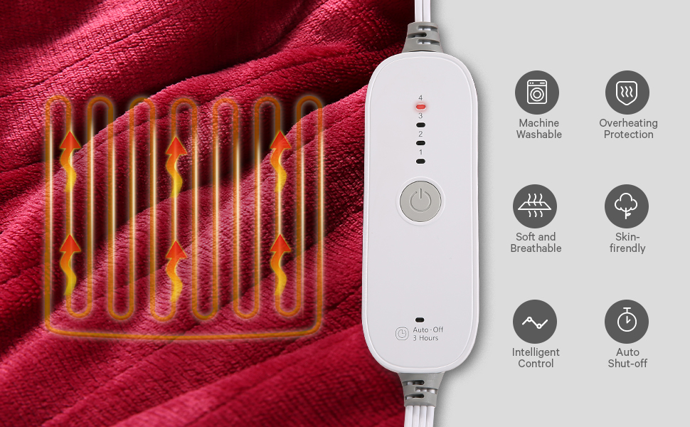 Electric Blanket Heated Throw 50" x 60" Flannel & Sherpa Reversible with 4 Heating Levels & 3