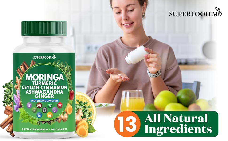 Moringa capsules Turmeric Moronga Supplement Ginger Boswellia Saffron Holy Basil Ceylon Cinnamon